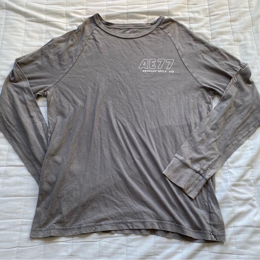 American Eagle Outfitters Men’s Long Sleeve AE77 Logo Tee - Gray
